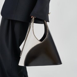 Nail bead contrasting color bucket bag, handbag, shoulder, crossbody, real leather bag