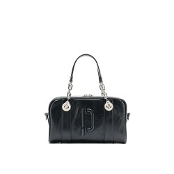 Boston genuine leather chain crossbody handbag, black bowling bag