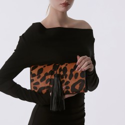 Leopard tassel detachable shoulder strap vintage clutch underarm bag