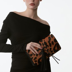 Leopard tassel detachable shoulder strap vintage clutch underarm bag