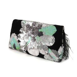 Embroidered sequins ostrich feather velvet clutch