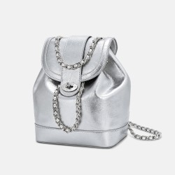 Shoulder Bag, Women's Oil Wax Leather Chain Backpack, Silver Backpack