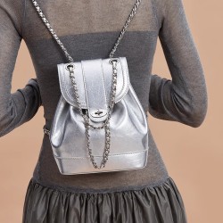 Shoulder Bag, Women's Oil Wax Leather Chain Backpack, Silver Backpack